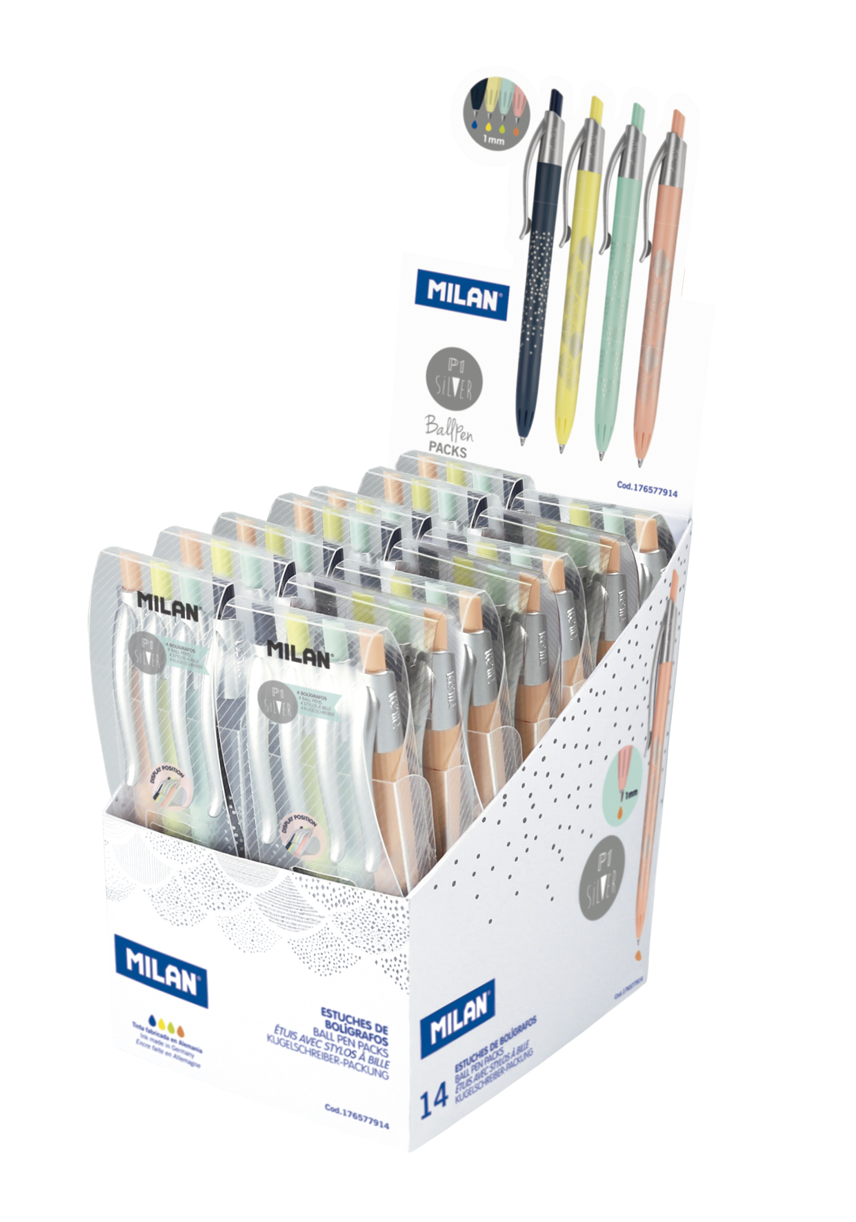 Caja De 14 Estuches De Plumas Milan P1 Silver Colores