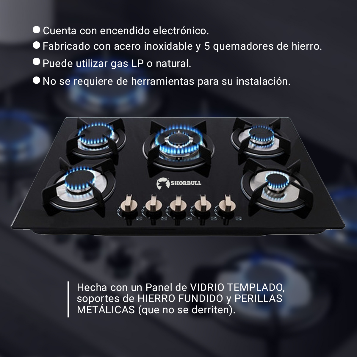 Parrilla Estufa 5 Cinco Quemadores Vidrio Templado Shorbull.