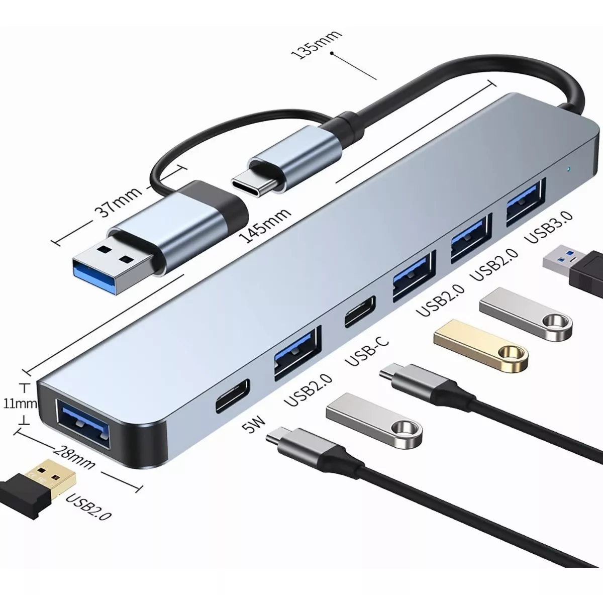 Adaptador Otg Hub Con Pd Alimentado 7 Puertos Tipo C