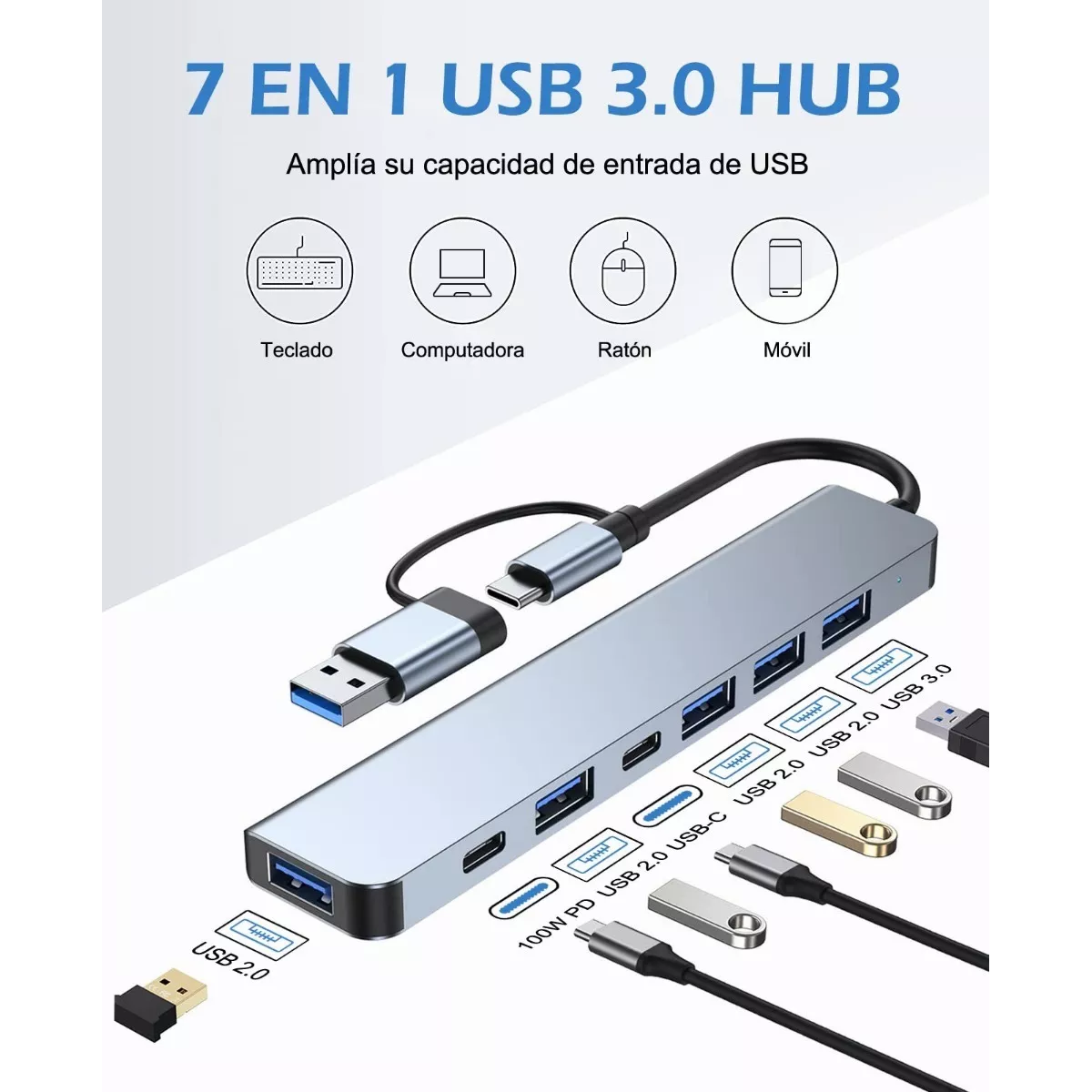 Adaptador Otg Hub Con Pd Alimentado 7 Puertos Tipo C
