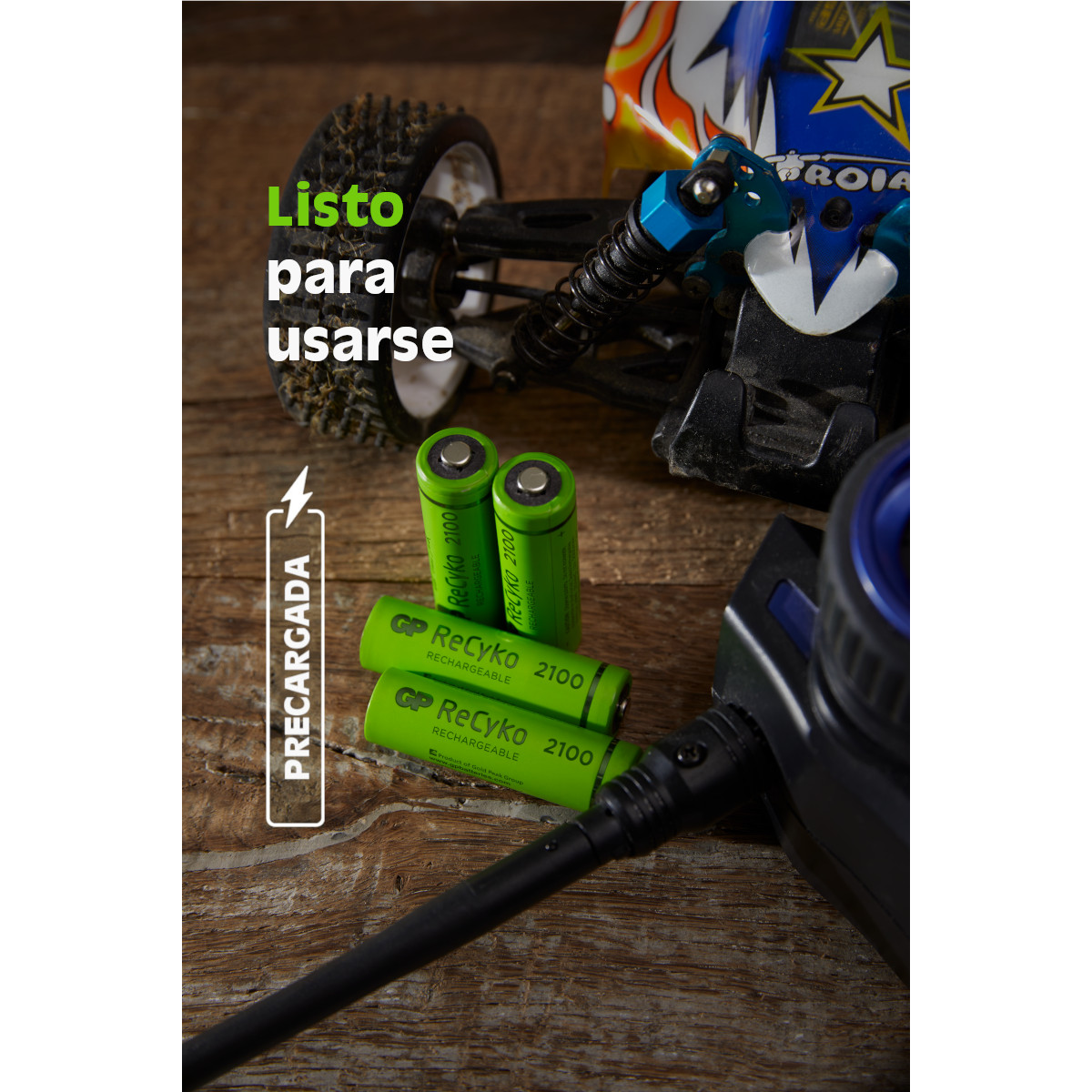 GP Cargador de Pilas Ni-Mh AA/AAA + 4 Pilas AA Recargable 2100mAh Usb Recyko