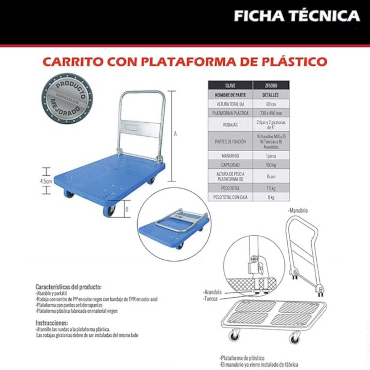Dogotuls ZF5080 Carrito Plegable 150kg con Plataforma de Plástico