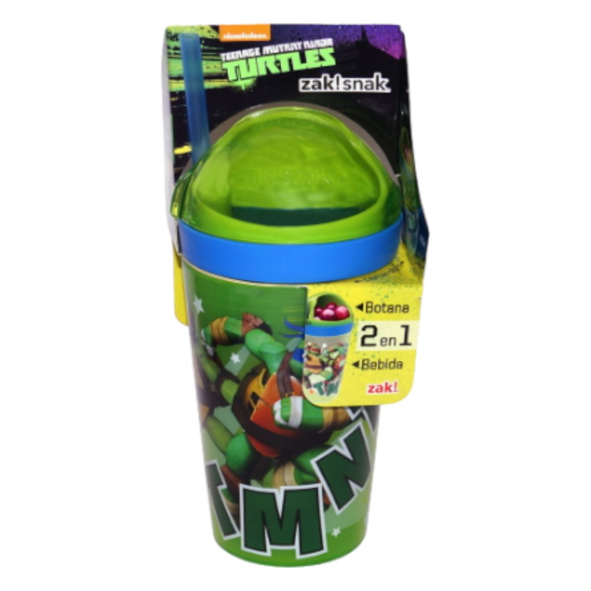 Zak! 1555-3023 Vaso Botella Botanero con Popote Plastico Nickelodeon Tortugas Ninjas Teen Turtle Ninjas 295ml