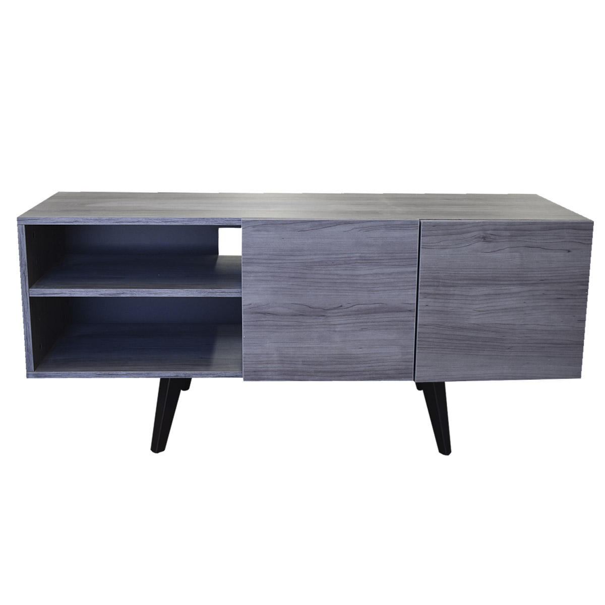 Mueble para TV Suecia, Centro de Entretenimiento Diseño moderno, Amplios espacios, 1 puerta, Con Patas de Madera Color Gris