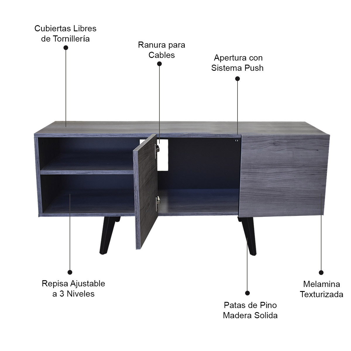 Mueble para TV Suecia, Centro de Entretenimiento Diseño moderno, Amplios espacios, 1 puerta, Con Patas de Madera Color Gris