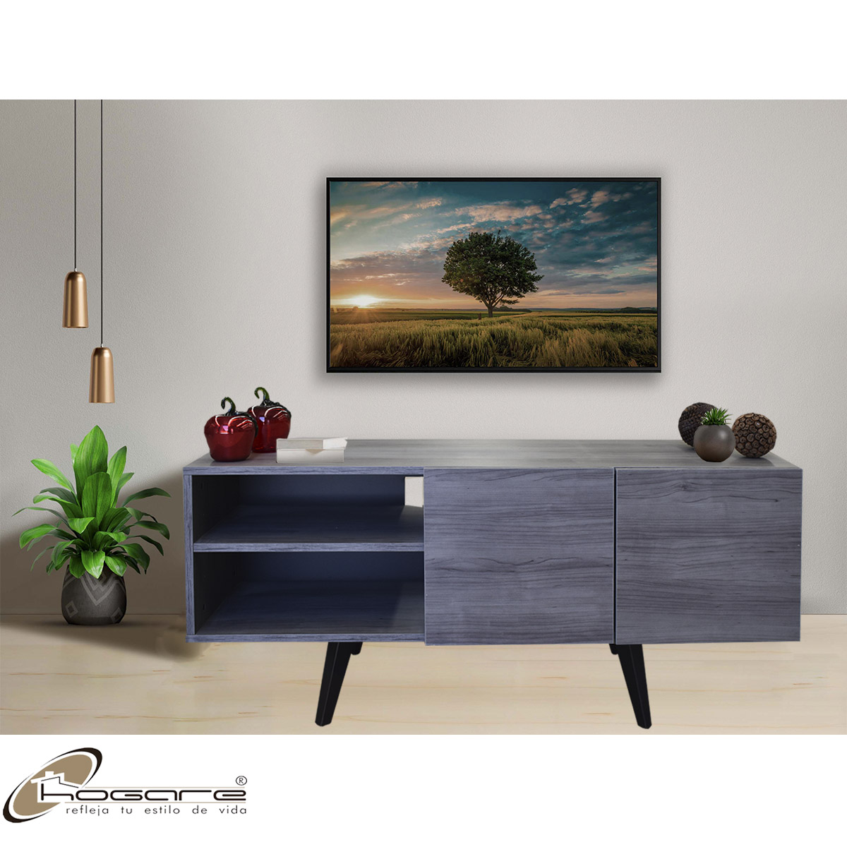 Mueble para TV Suecia, Centro de Entretenimiento Diseño moderno, Amplios espacios, 1 puerta, Con Patas de Madera Color Gris