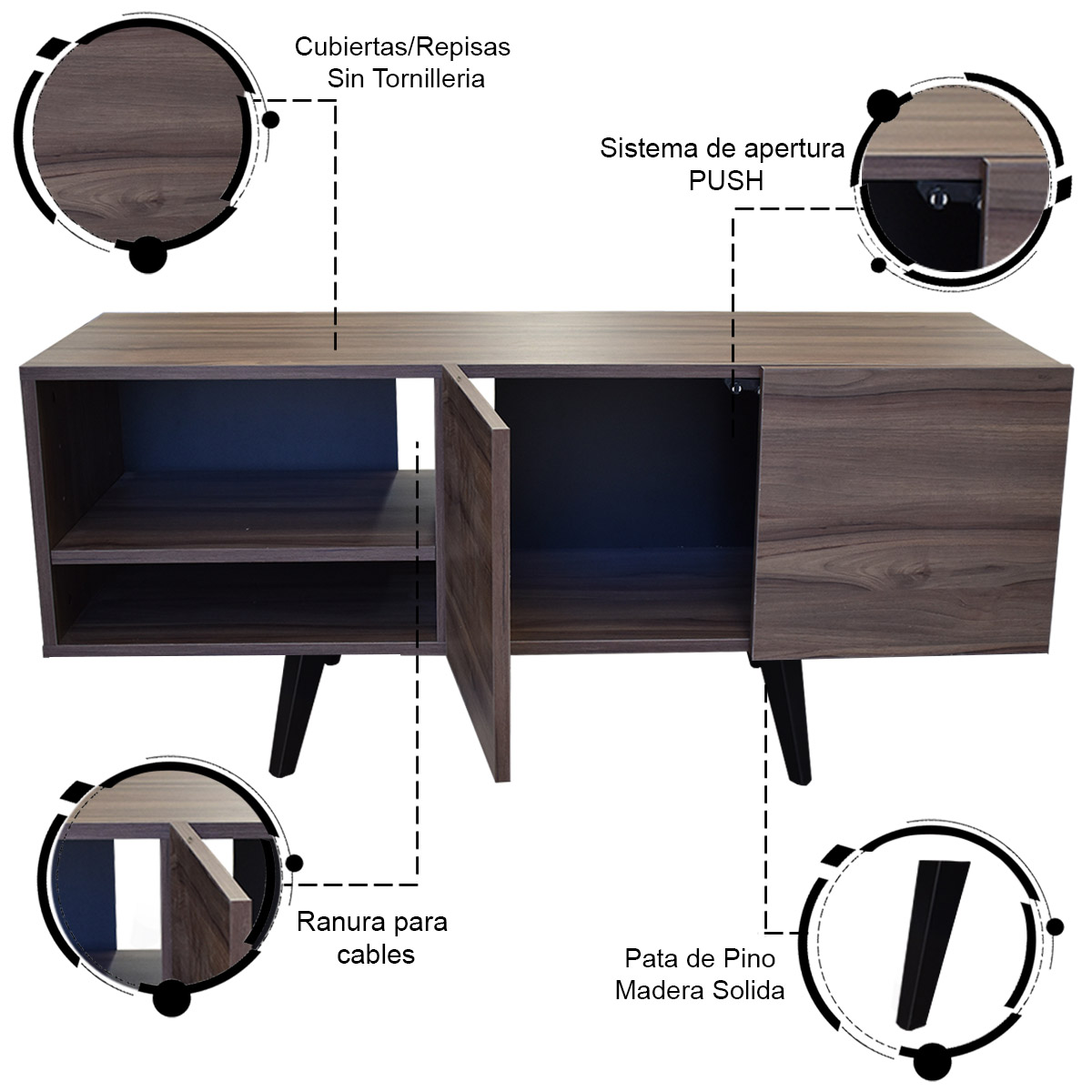 Mueble para TV Suecia, Centro de Entretenimiento Diseño moderno, Amplios espacios, 1 puerta, Con Patas de Madera Color  Parota