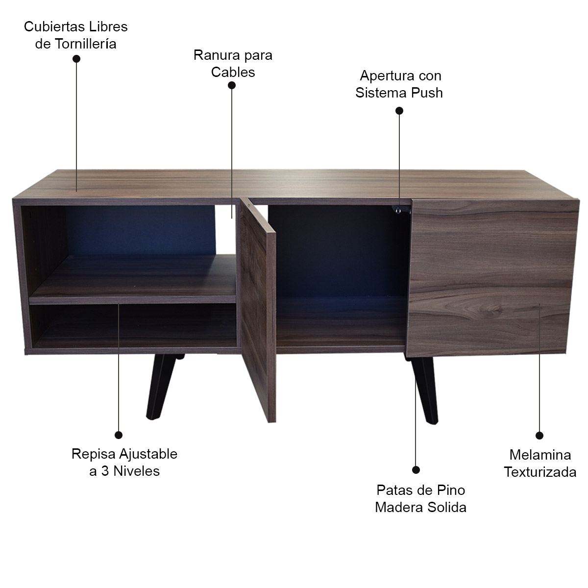 Mueble para TV Suecia, Centro de Entretenimiento Diseño moderno, Amplios espacios, 1 puerta, Con Patas de Madera Color  Parota