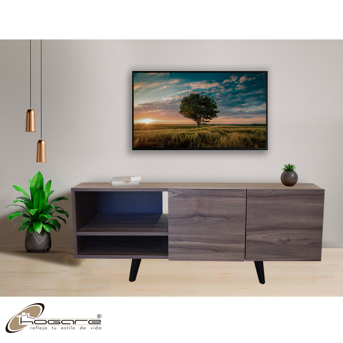 Mueble para TV Suecia, Centro de Entretenimiento Diseño moderno, Amplios espacios, 1 puerta, Con Patas de Madera Color  Parota