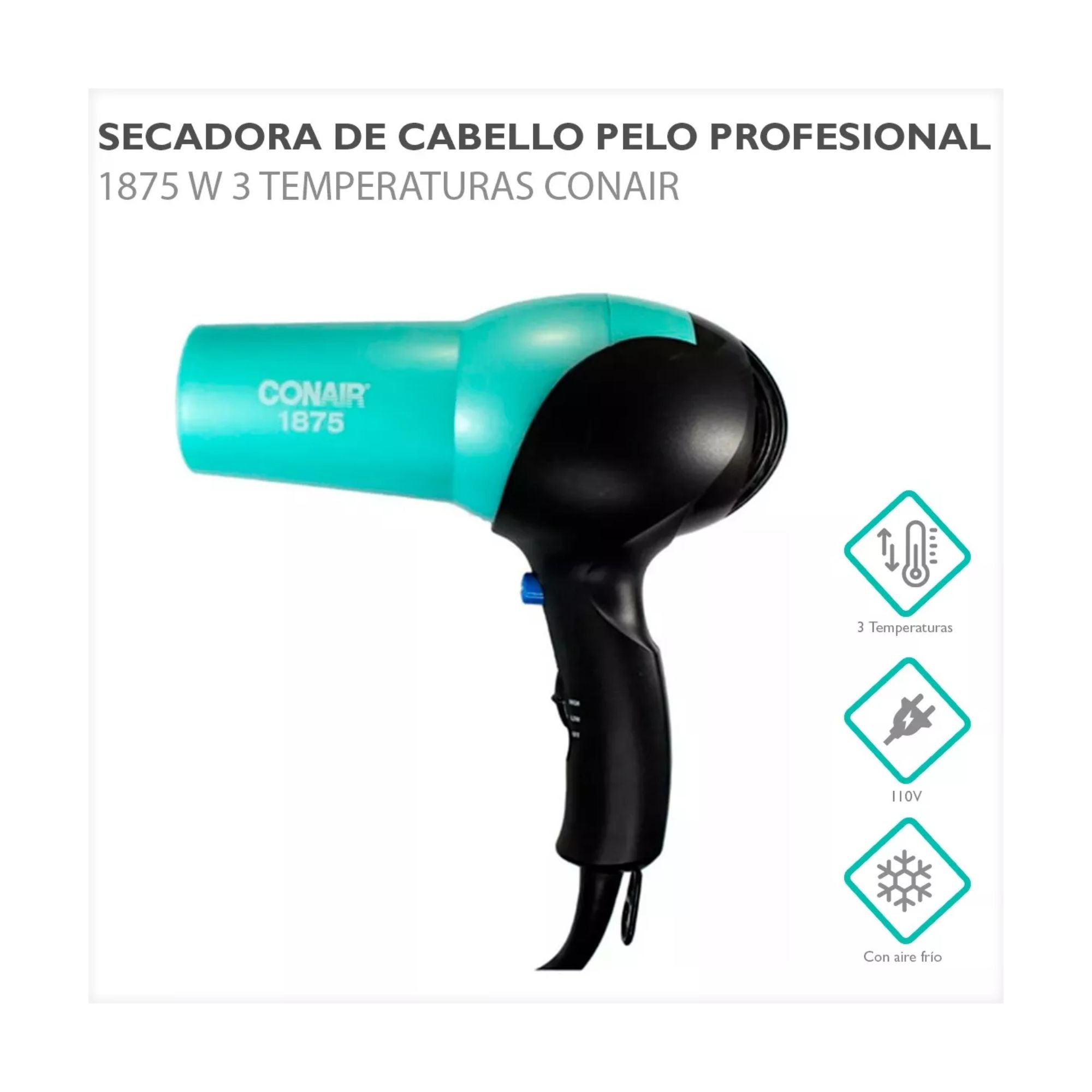 Secadora de Cabello Conair turquesa con Negro 1875w con Caja Blanca