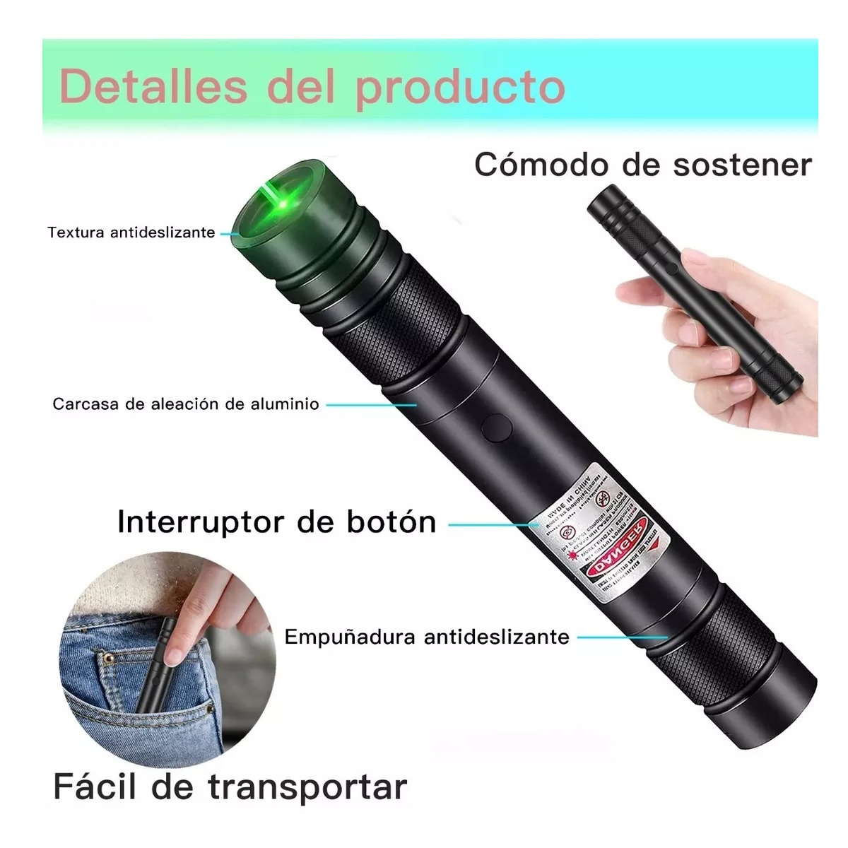 Linterna Táctica Y Puntero Láser 5000mw Recargable Por Usb Verde Obscuro