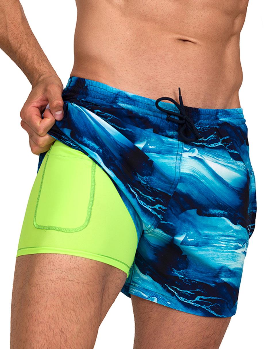 Traje de Baño Para Hombre y Adolescente para Nadar y Gym, Bañador Short Estampado Multideporte De Secado Rápido con Licra Interna De compresión, Modelo FURIOUS WAVES