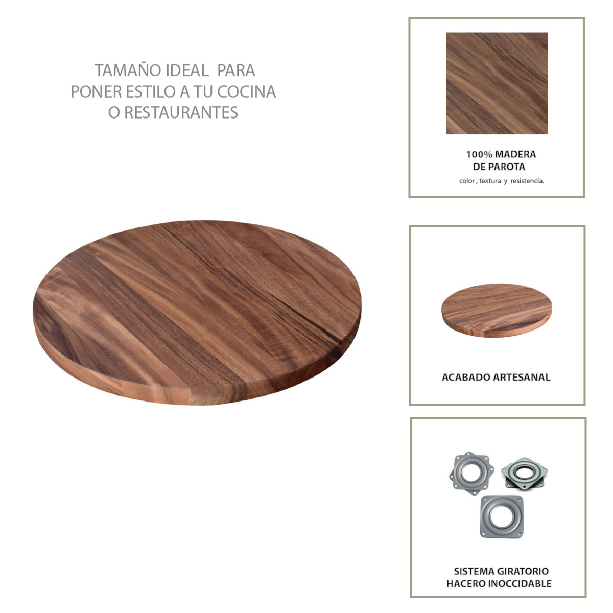Charola giratoria de Madera Parota Redonda,Lazzy Susan Hogare Para servir alimentos, Centro de mesa, Uso profesional y casero, Madera fina, Resistente, Duradera, Diseño elegante, 58 cm.