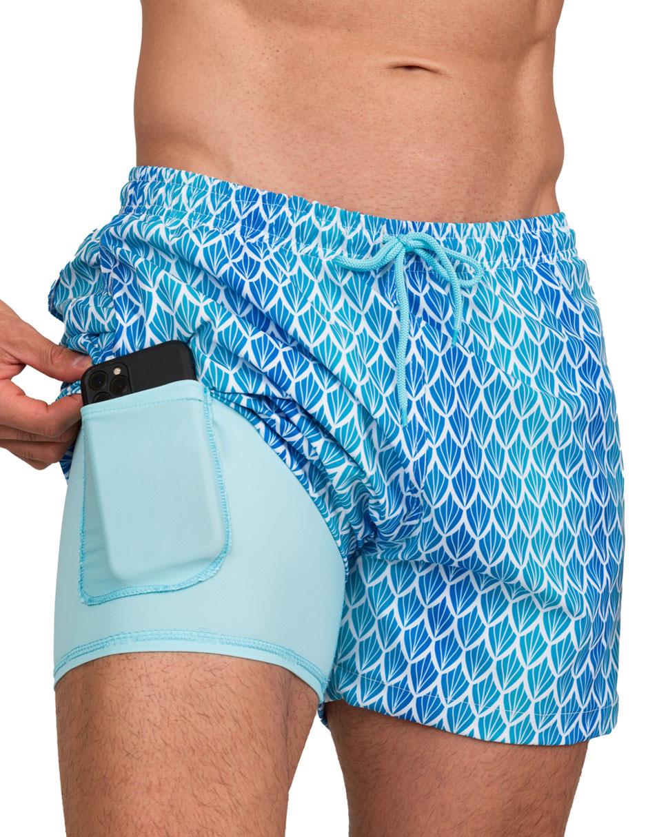 Traje de Baño Para Hombre y Adolescente para Nadar y Gym, Bañador Short Estampado Multideporte De Secado Rápido con Licra Interna De compresión, Modelo BLUE SHELL