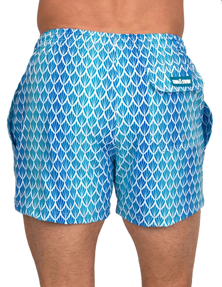 Traje de Baño Para Hombre y Adolescente para Nadar y Gym, Bañador Short Estampado Multideporte De Secado Rápido con Licra Interna De compresión, Modelo BLUE SHELL