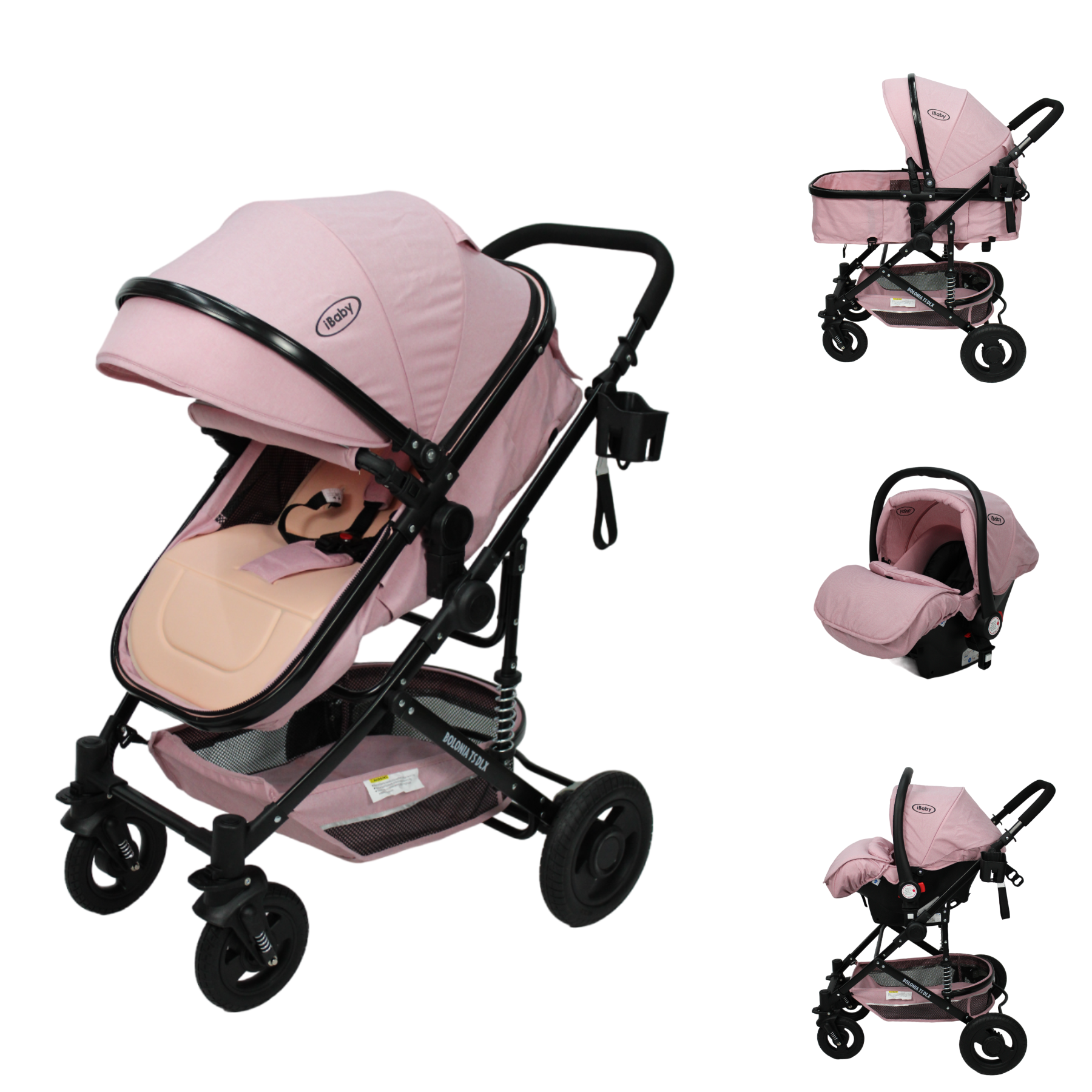 Carriola 3 En 1 Reversible Bolonia Portabebé Bambineto Ibaby Rosa