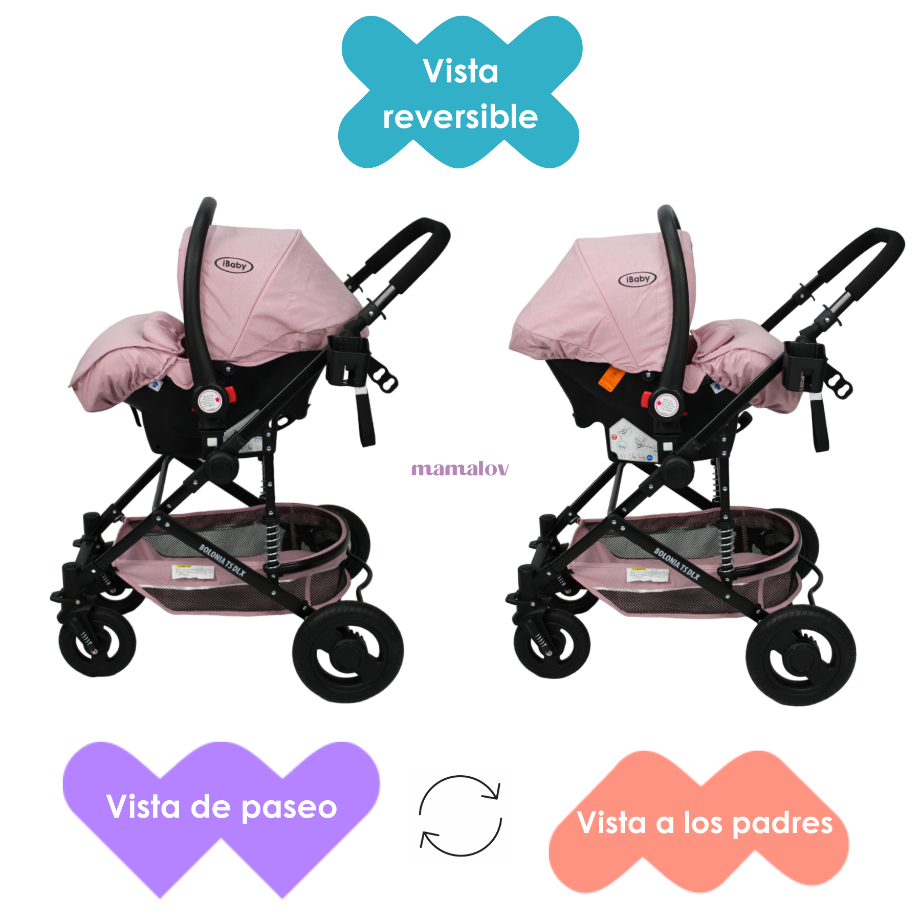 Carriola 3 En 1 Reversible Bolonia Portabebé Bambineto Ibaby Rosa