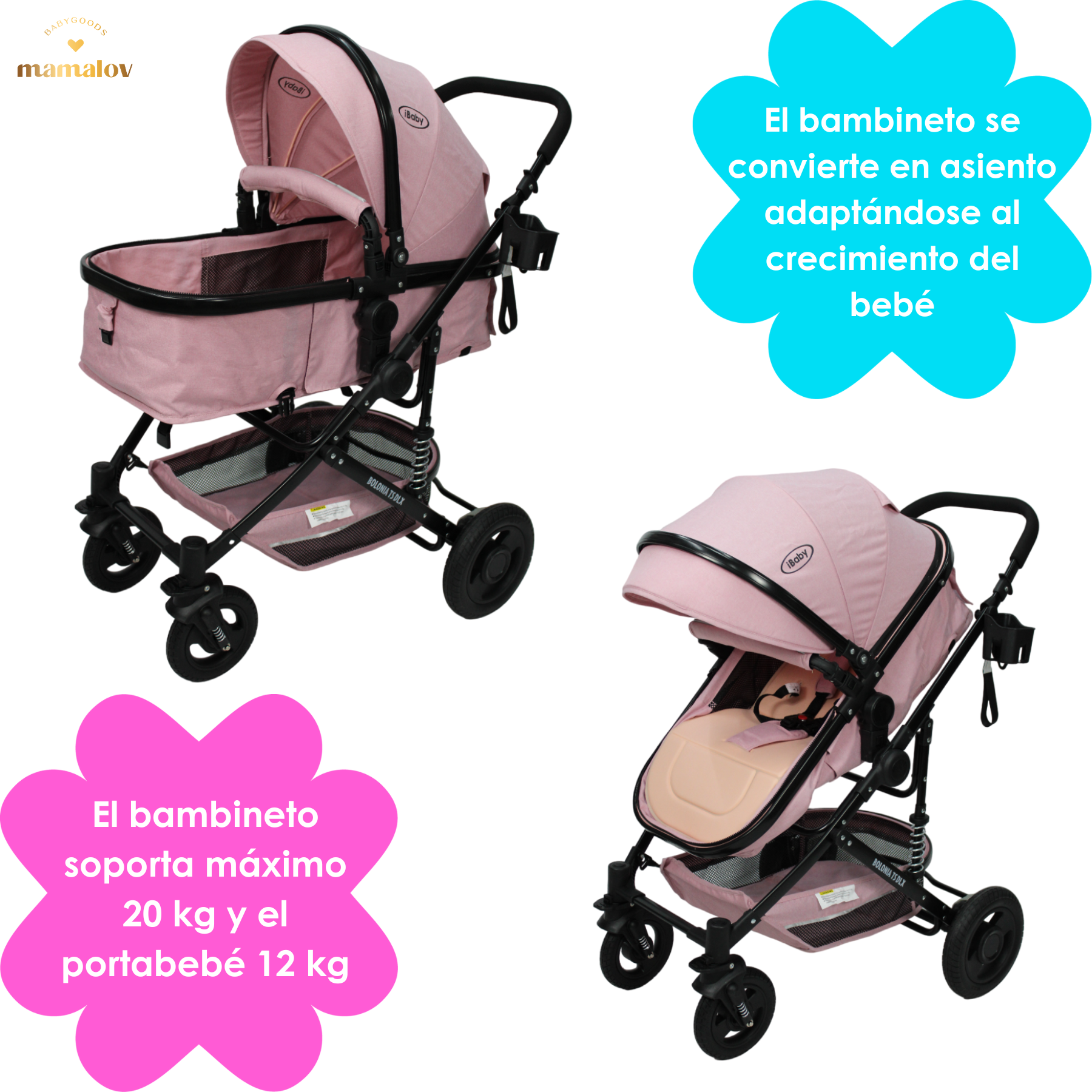 Carriola 3 En 1 Reversible Bolonia Portabebé Bambineto Ibaby Rosa