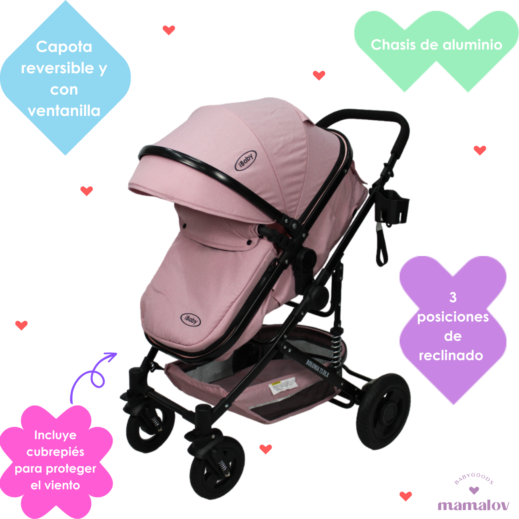 Carriola 3 En 1 Reversible Bolonia Portabebé Bambineto Ibaby Rosa