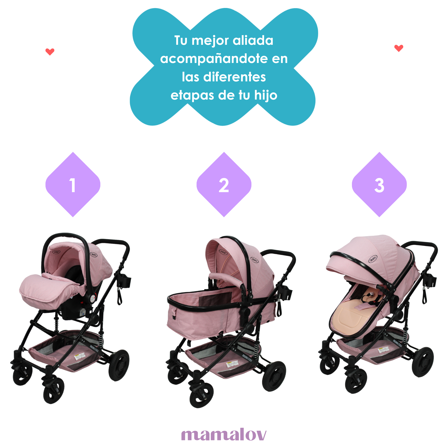 Carriola 3 En 1 Reversible Bolonia Portabebé Bambineto Ibaby Rosa