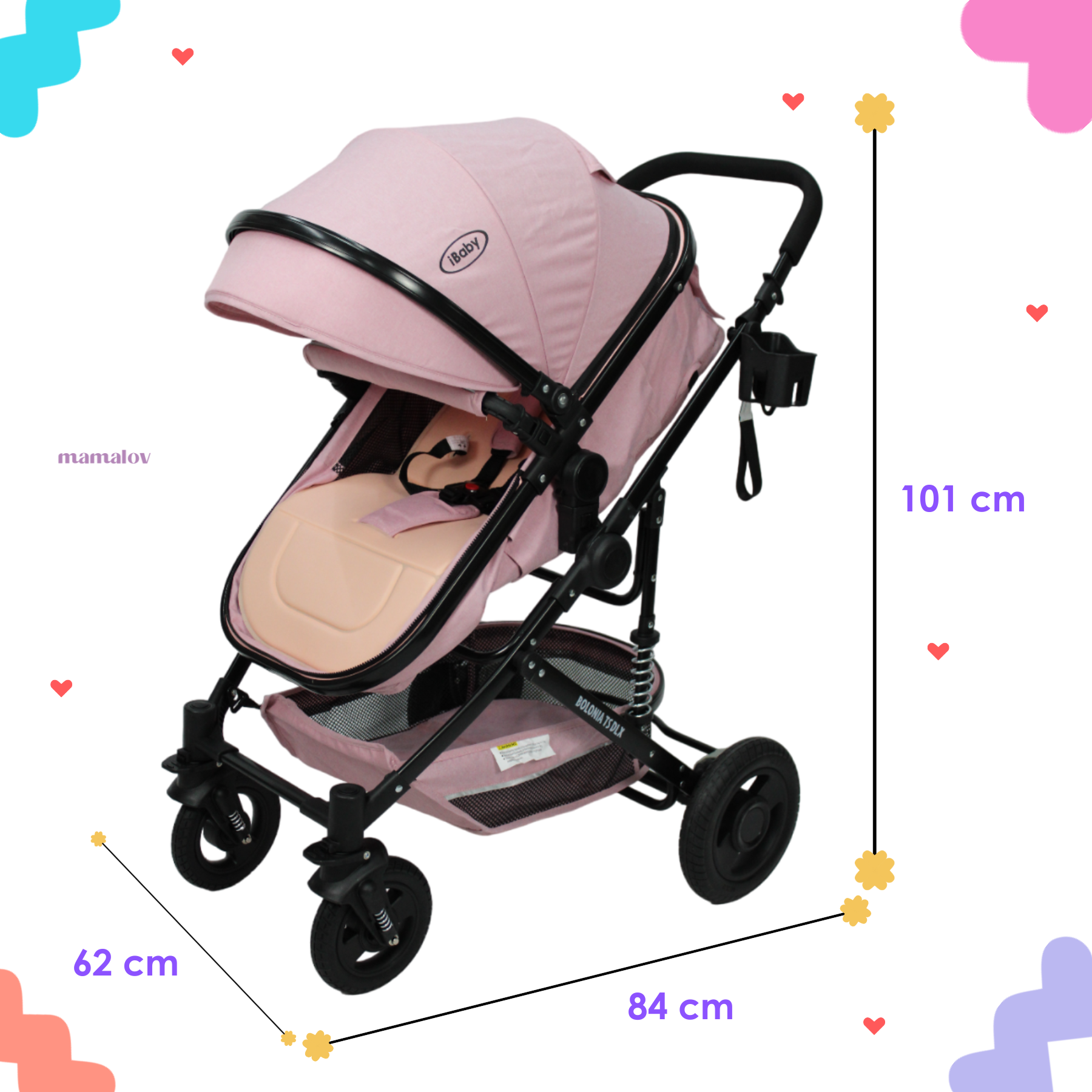 Carriola 3 En 1 Reversible Bolonia Portabebé Bambineto Ibaby Rosa
