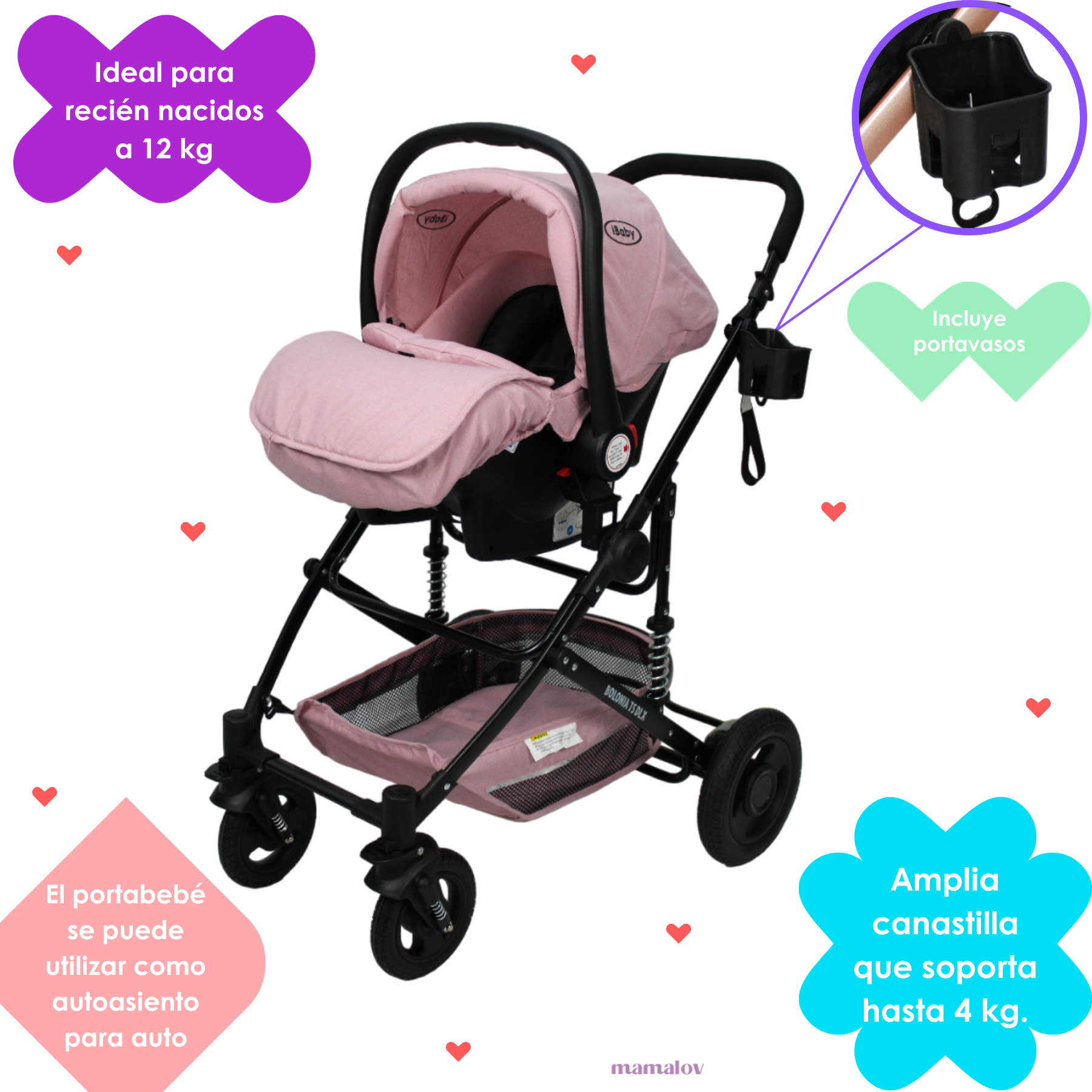 Carriola 3 En 1 Reversible Bolonia Portabebé Bambineto Ibaby Rosa