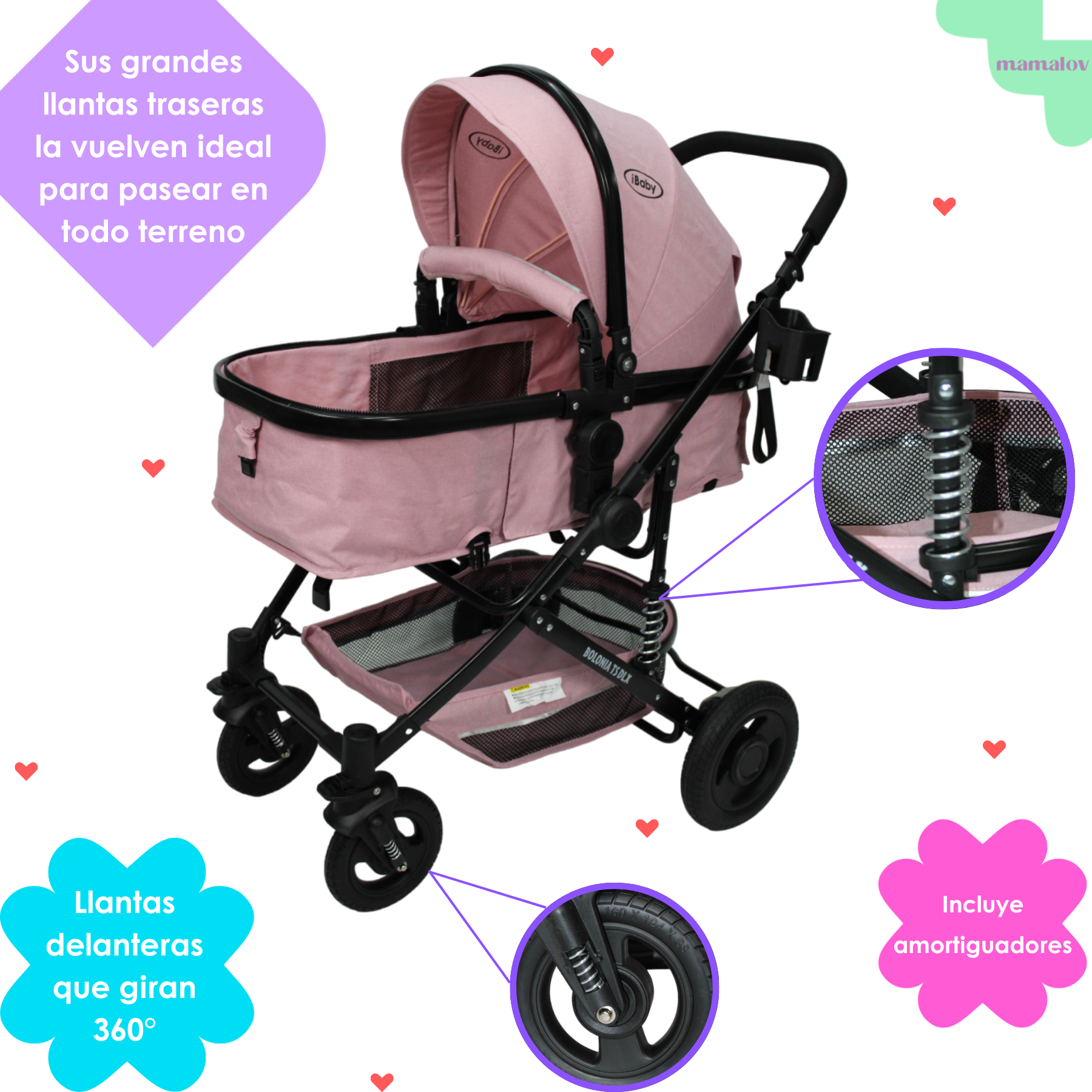Carriola 3 En 1 Reversible Bolonia Portabebé Bambineto Ibaby Rosa