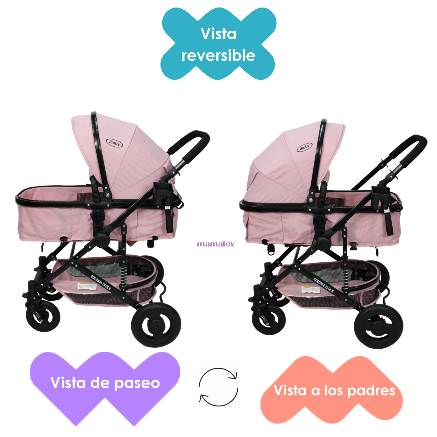 Carriola 3 En 1 Reversible Bolonia Portabebé Bambineto Ibaby Rosa