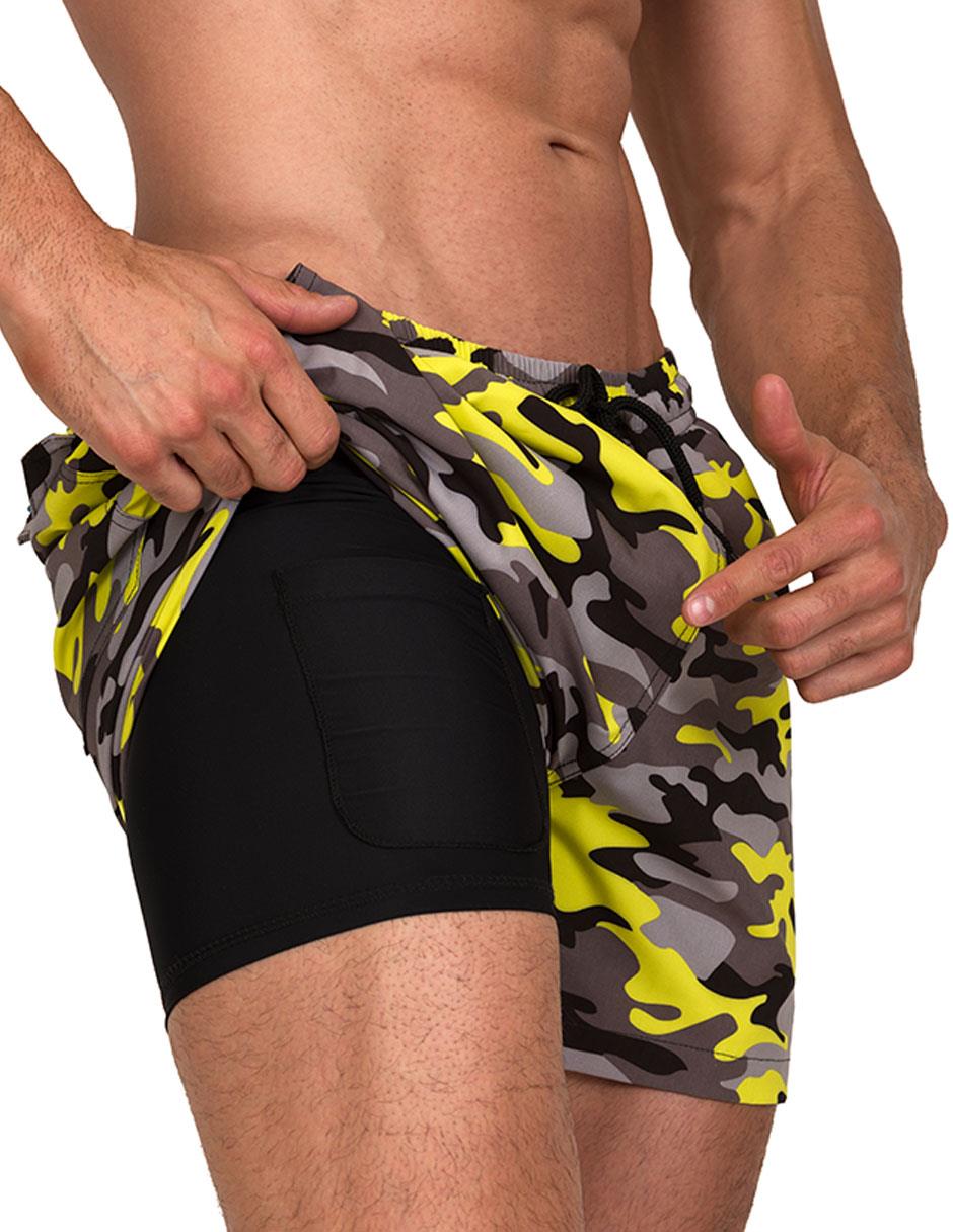 Traje de Baño Para Hombre y Adolescente para Nadar y Gym, Bañador Short Estampado Multideporte De Secado Rápido con Licra Interna De compresión, Modelo CAMO