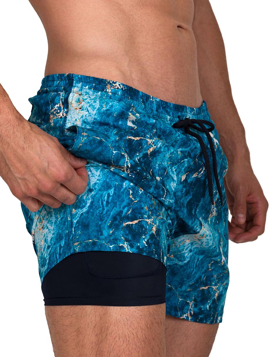 Traje de Baño Para Hombre y Adolescente para Nadar y Gym, Bañador Short Estampado Multideporte De Secado Rápido con Licra Interna De compresión, Modelo MARBLE