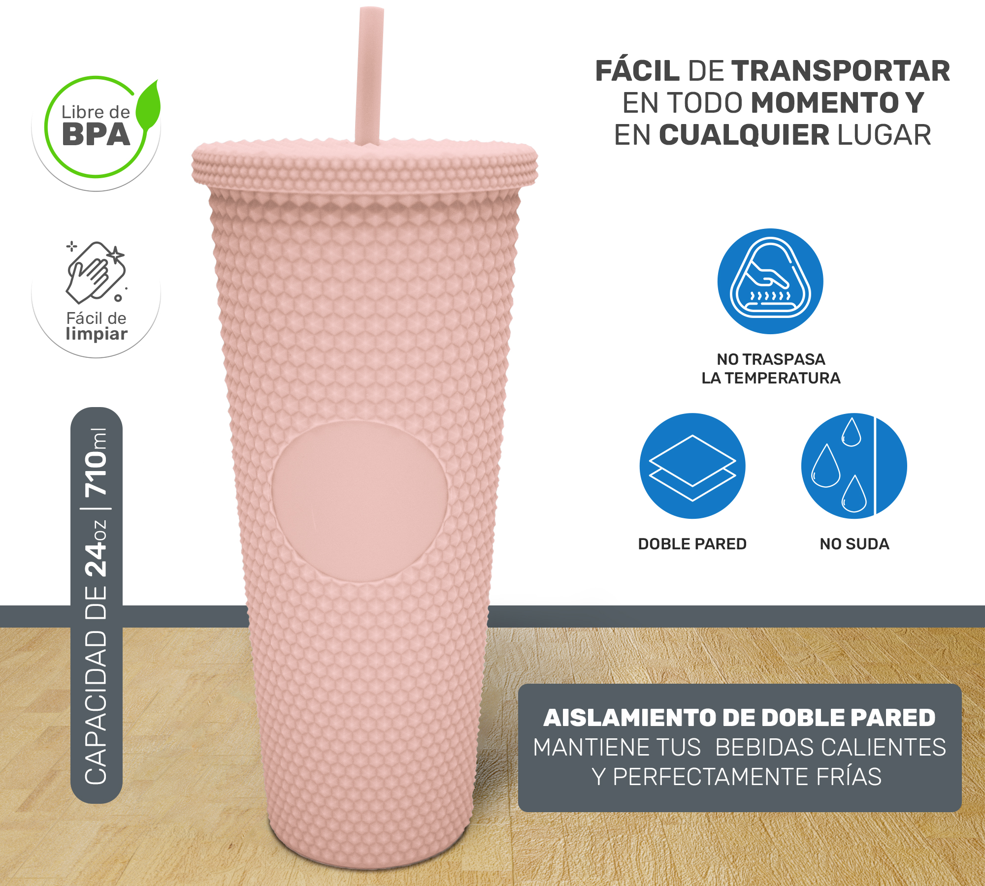 Vaso Termo Para Bebidas Frías y Calientes 700ml con Tachuelas y Aislamiento de Doble Pared al Vacío