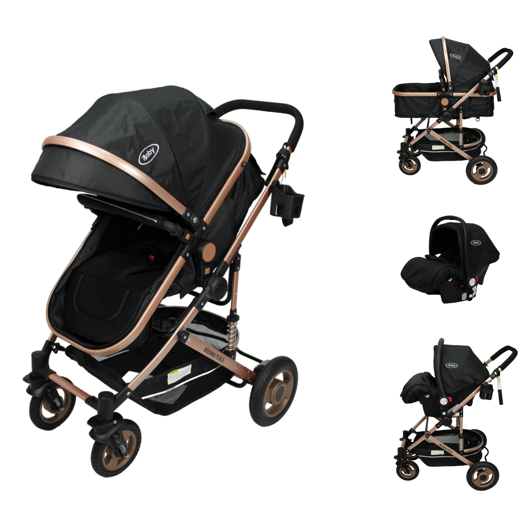 Carriola 3 En 1 Reversible Bolonia Portabebé Bambineto Ibaby Negro
