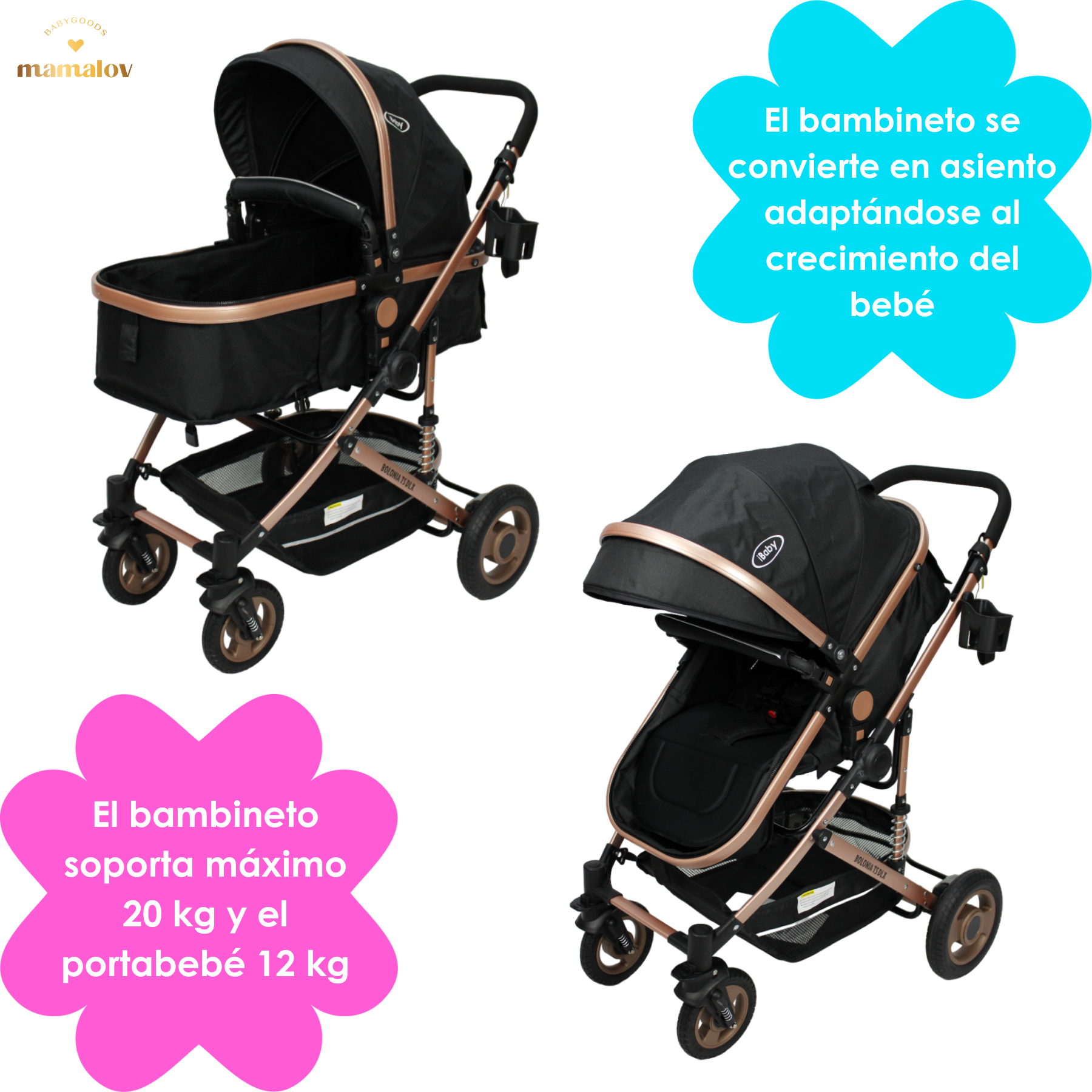Carriola 3 En 1 Reversible Bolonia Portabebé Bambineto Ibaby Negro