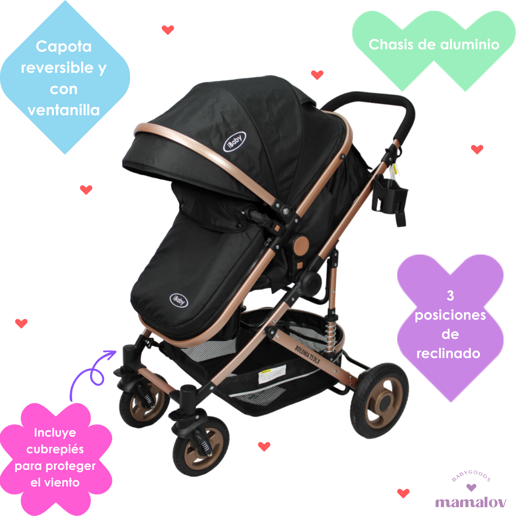 Carriola 3 En 1 Reversible Bolonia Portabebé Bambineto Ibaby Negro