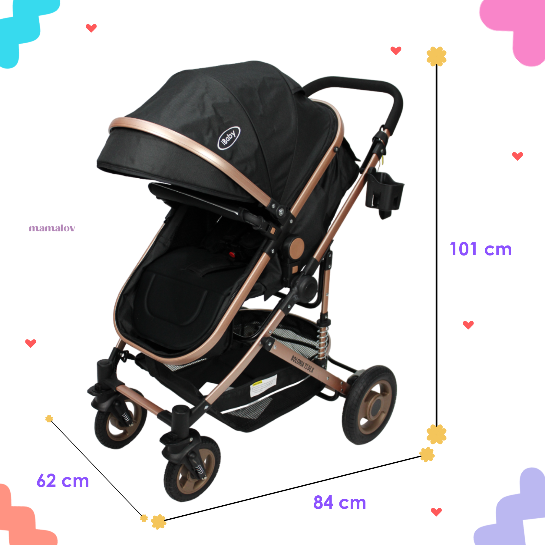 Carriola 3 En 1 Reversible Bolonia Portabebé Bambineto Ibaby Negro