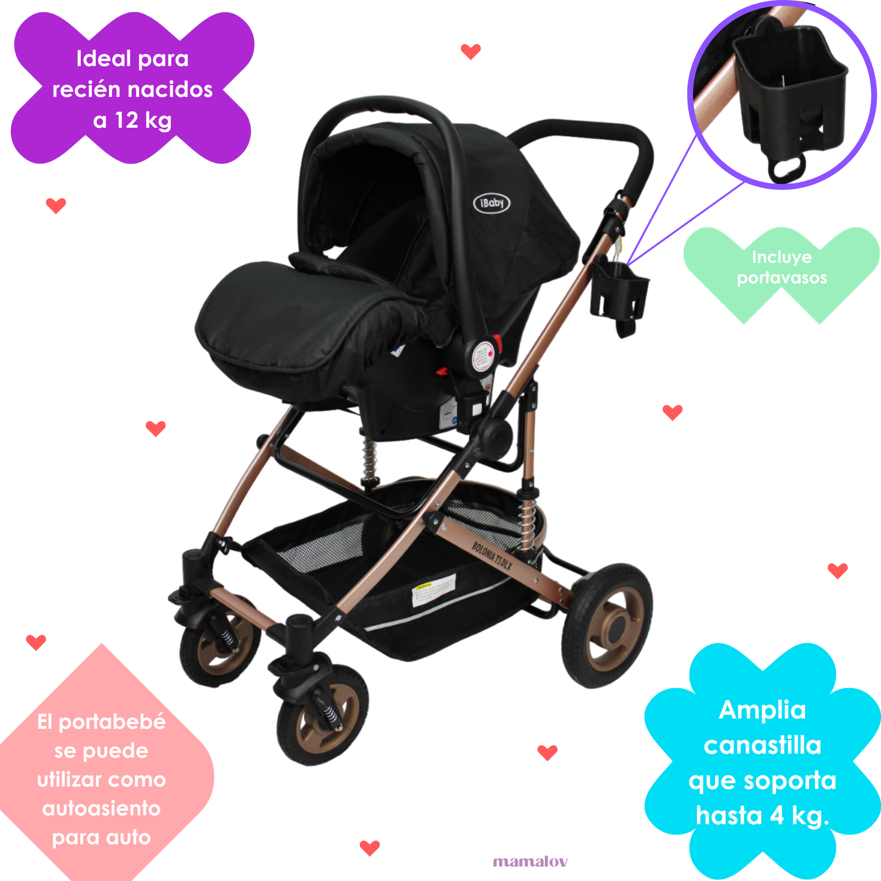 Carriola 3 En 1 Reversible Bolonia Portabebé Bambineto Ibaby Negro