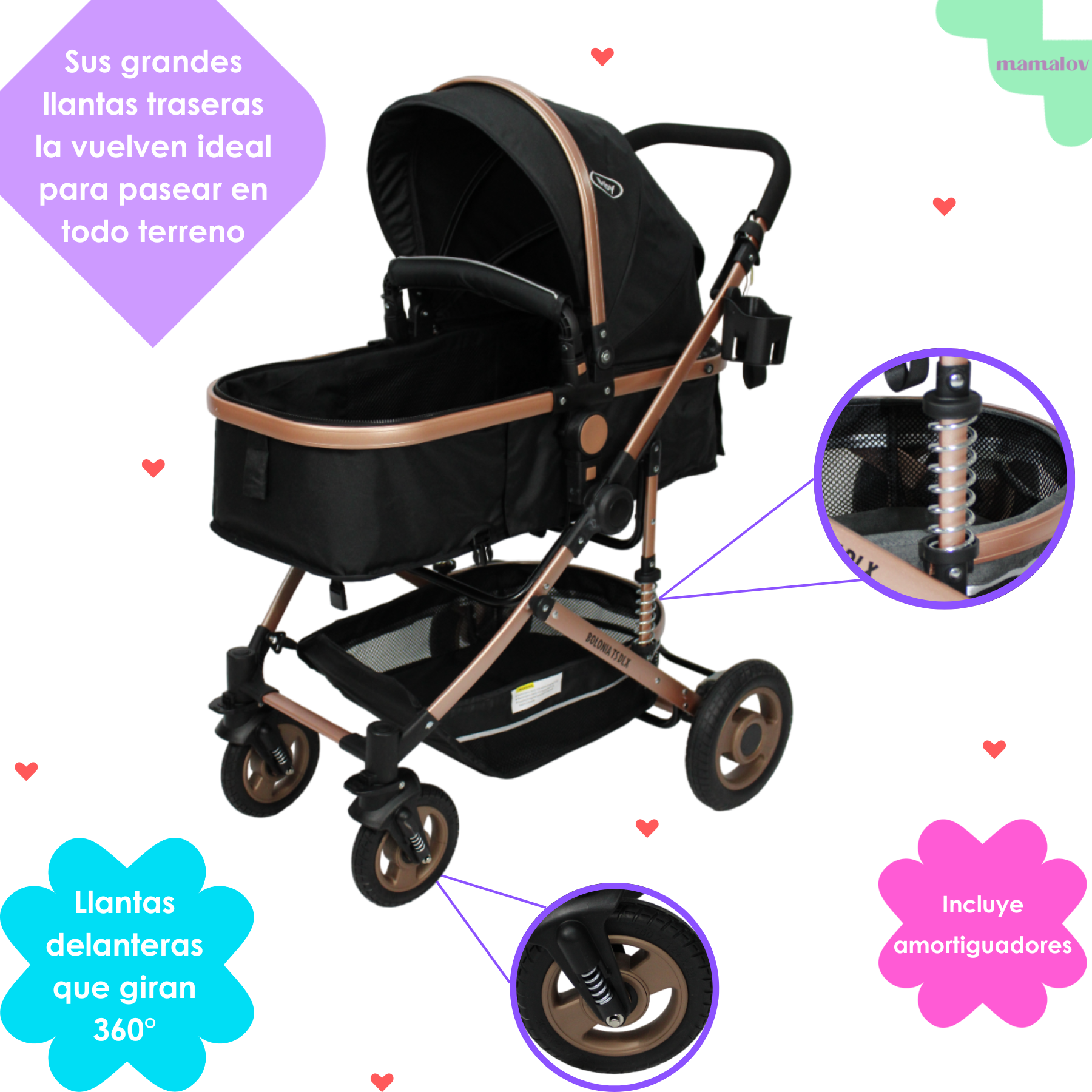 Carriola 3 En 1 Reversible Bolonia Portabebé Bambineto Ibaby Negro