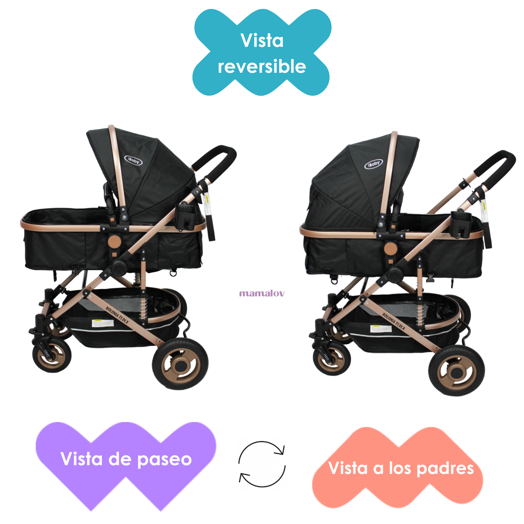 Carriola 3 En 1 Reversible Bolonia Portabebé Bambineto Ibaby Negro