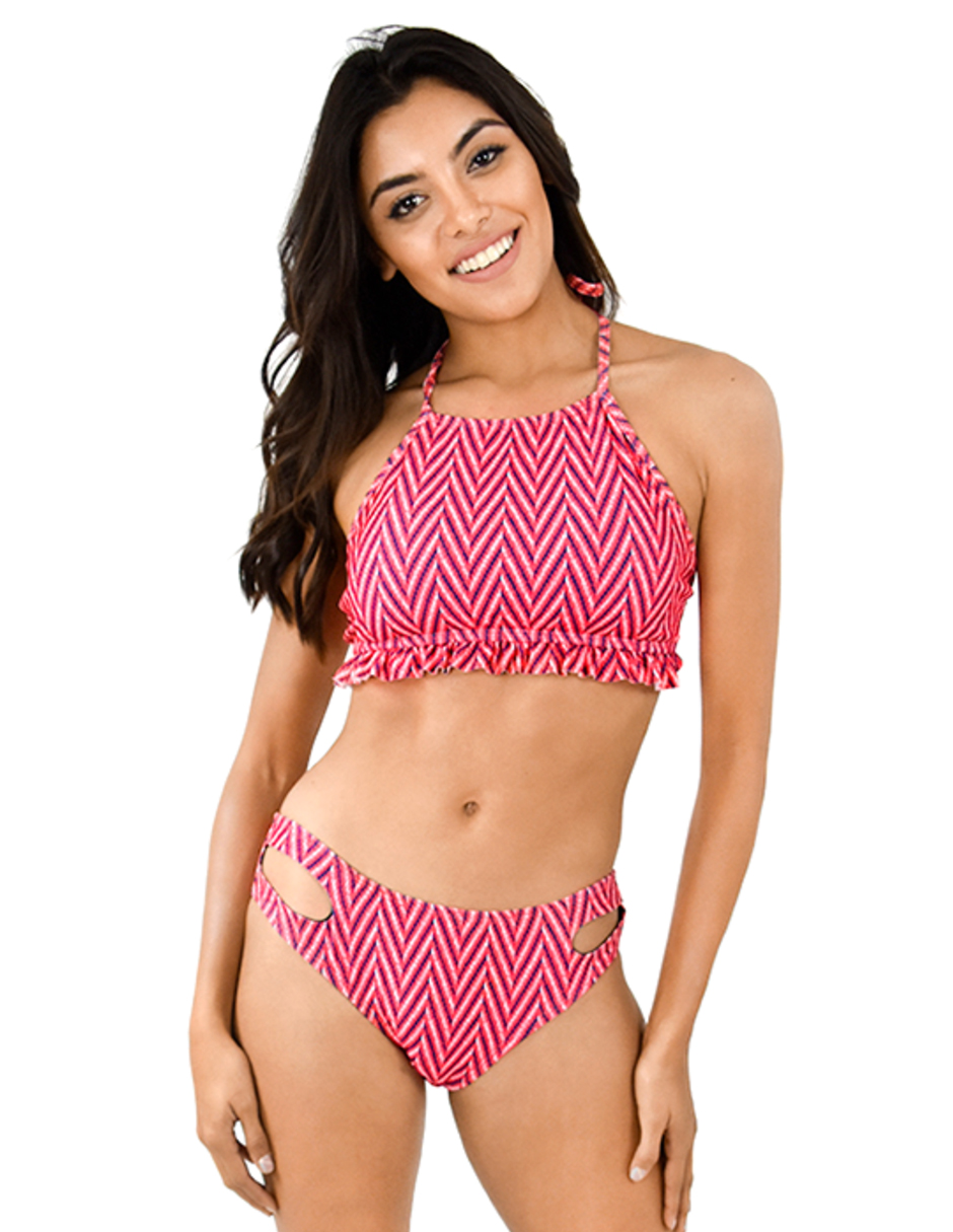  Traje de Baño Dos Piezas Conjunto Bikini Rojo para Mujer, Bañador Halther Con Aberturas, Estampado Zig Zag Y Copas Removibles, Modelo ETNA
