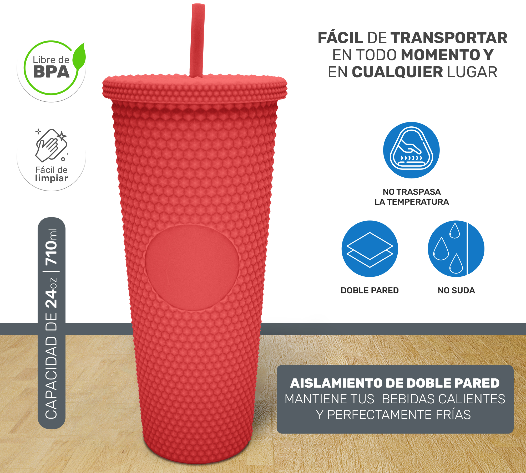 Vaso Termo Para Bebidas Frías y Calientes 700ml con Tachuelas y Aislamiento de Doble Pared al Vacío