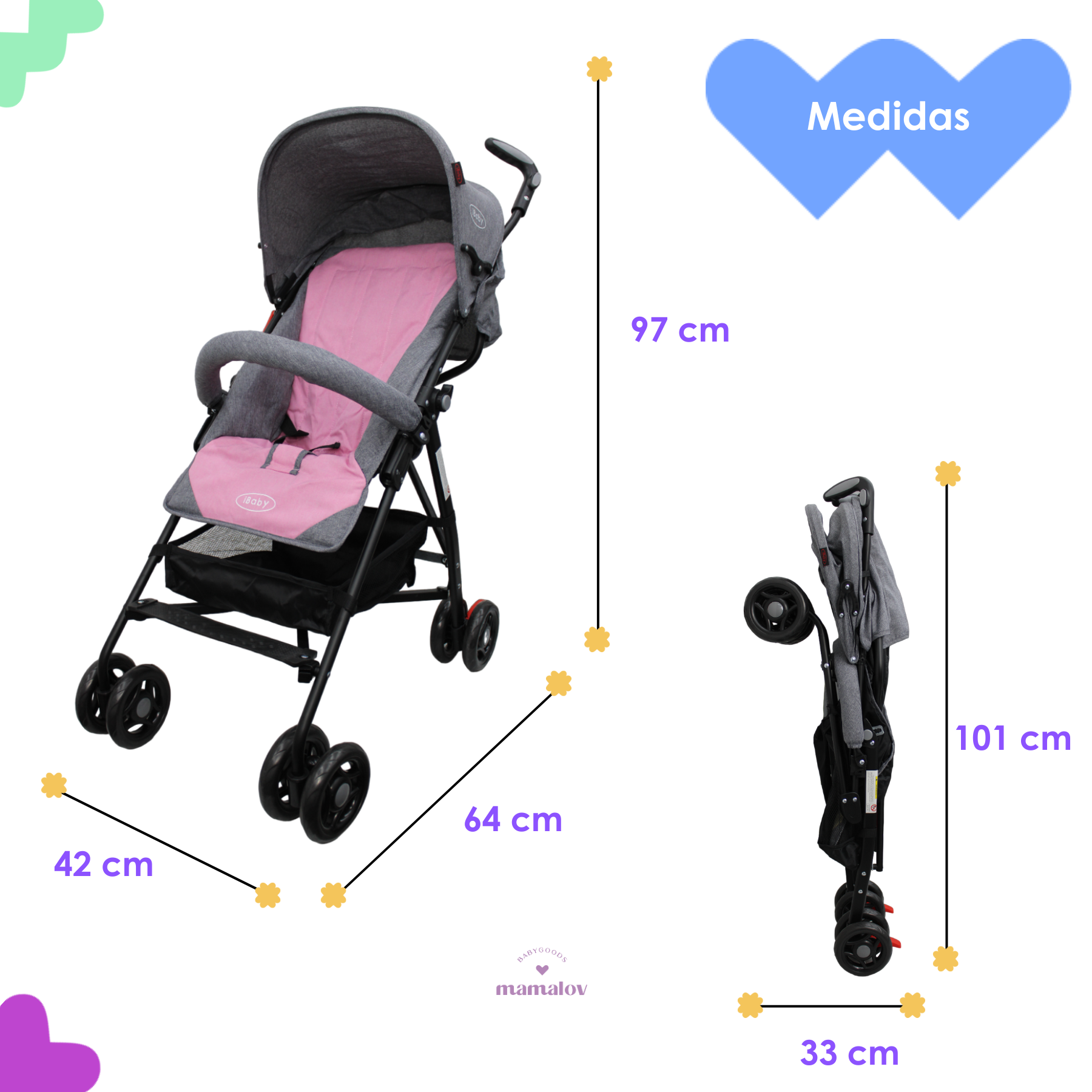 Carriola De Baston Viajera Plegado Compacto Ibaby Rosa