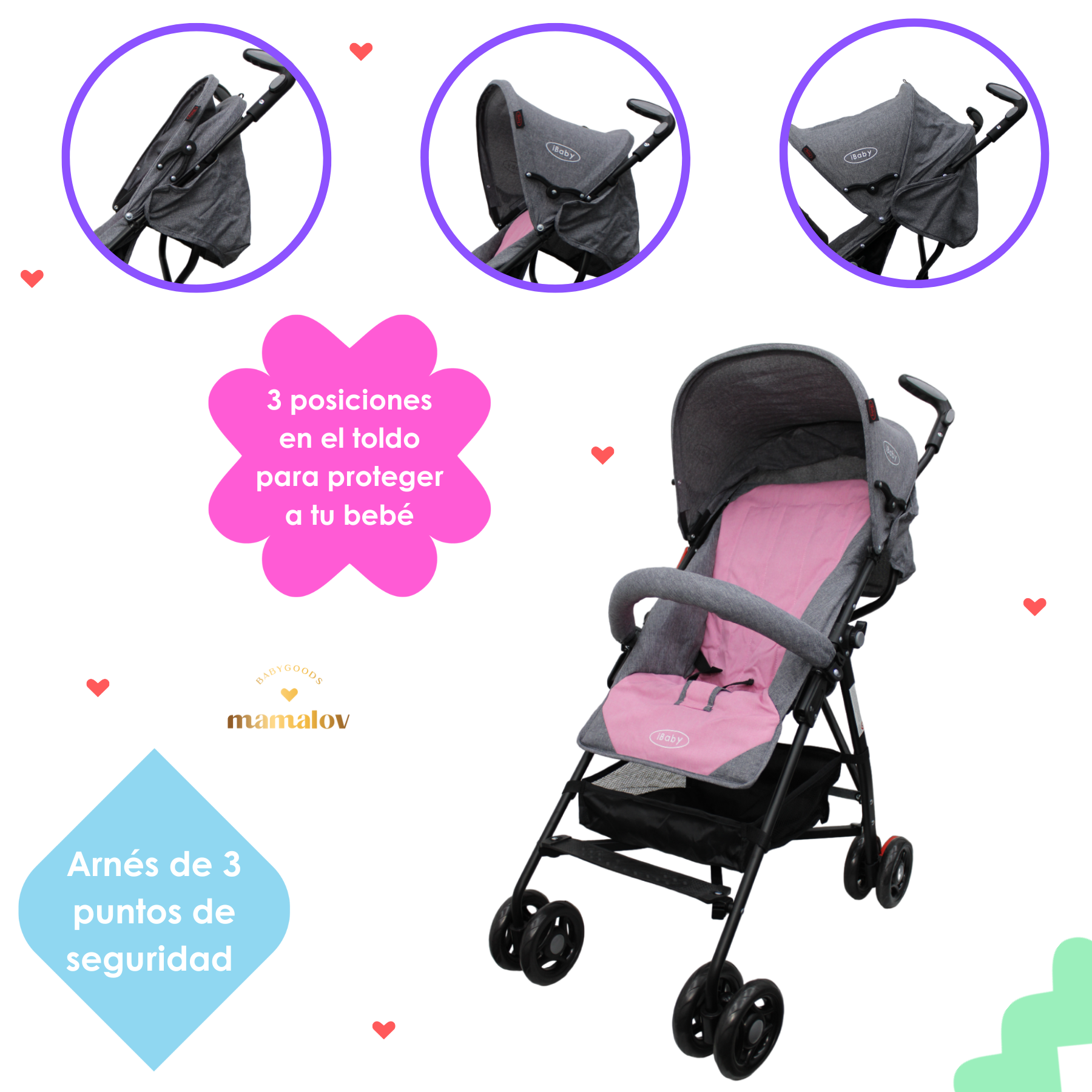 Carriola De Baston Viajera Plegado Compacto Ibaby Rosa