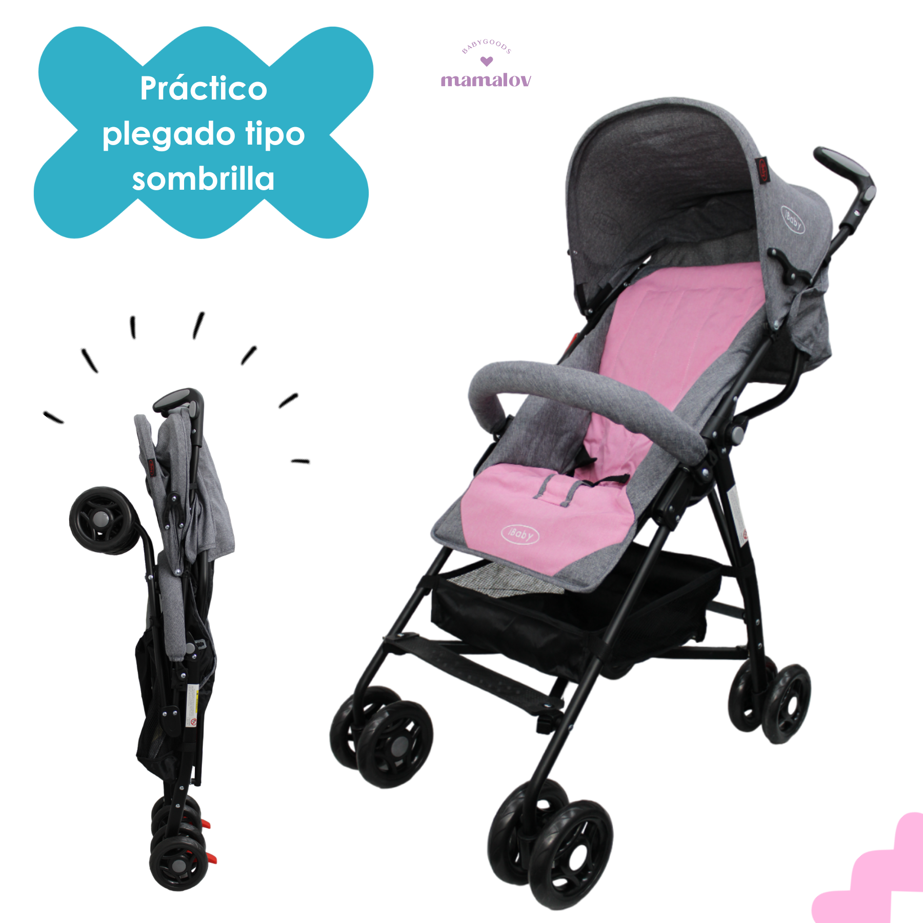 Carriola De Baston Viajera Plegado Compacto Ibaby Rosa