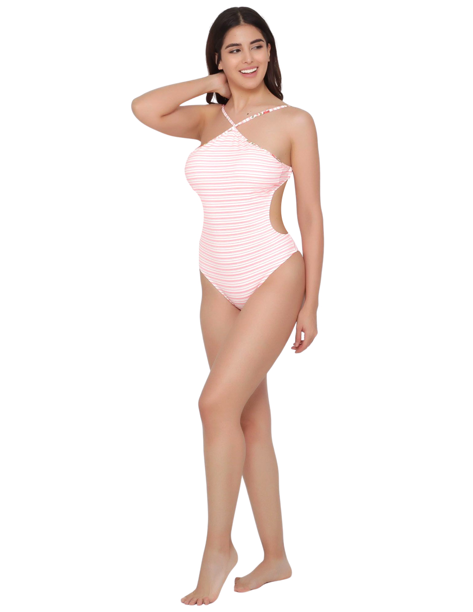  Traje de Baño Una Pieza Monokini para Mujer, Bañador Rosa Con Estampado de Rayas, Abertura y Copas Removibles, Modelo PINK LINE