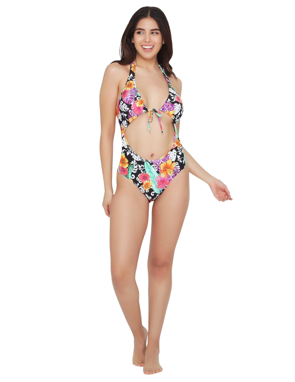  Traje de Baño De Una Pieza para Mujer, Bañador Monokini Negro Con Estampado Floral / Tropical, Abertura y Con Copas Removibles, Modelo TROPICAL COLOR