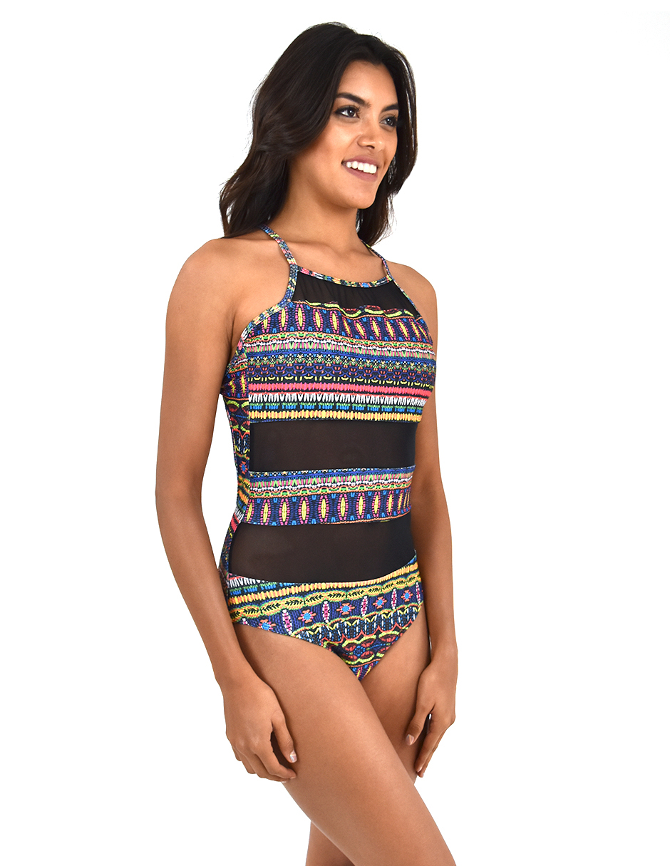  Traje de Baño De Una Pieza para Mujer, Bañador Monokini Negro Con Estampado Étnico / Tribal, Transparencias y Con Copas Removibles, Modelo ETNICOLOR TRANSPARENT