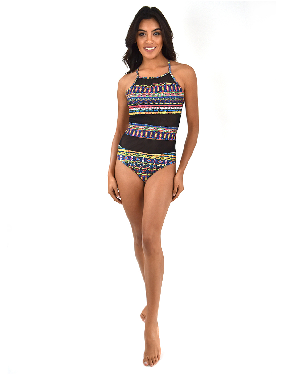  Traje de Baño De Una Pieza para Mujer, Bañador Monokini Negro Con Estampado Étnico / Tribal, Transparencias y Con Copas Removibles, Modelo ETNICOLOR TRANSPARENT