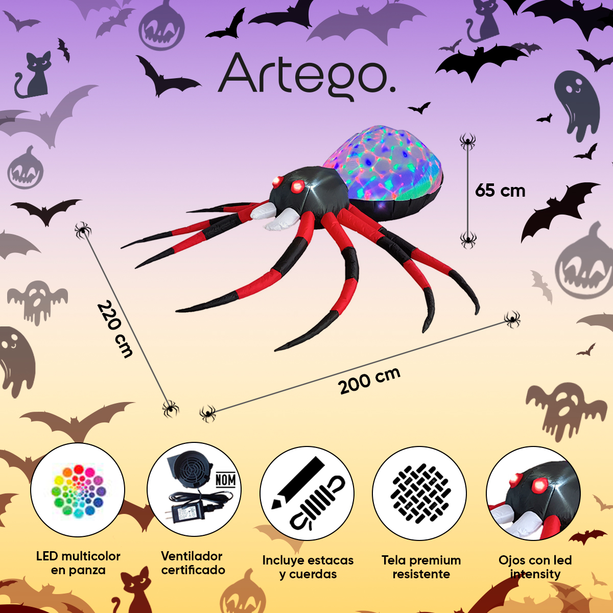 Inflable Halloween araña spider Roja ojos led + multiled - 2.2m