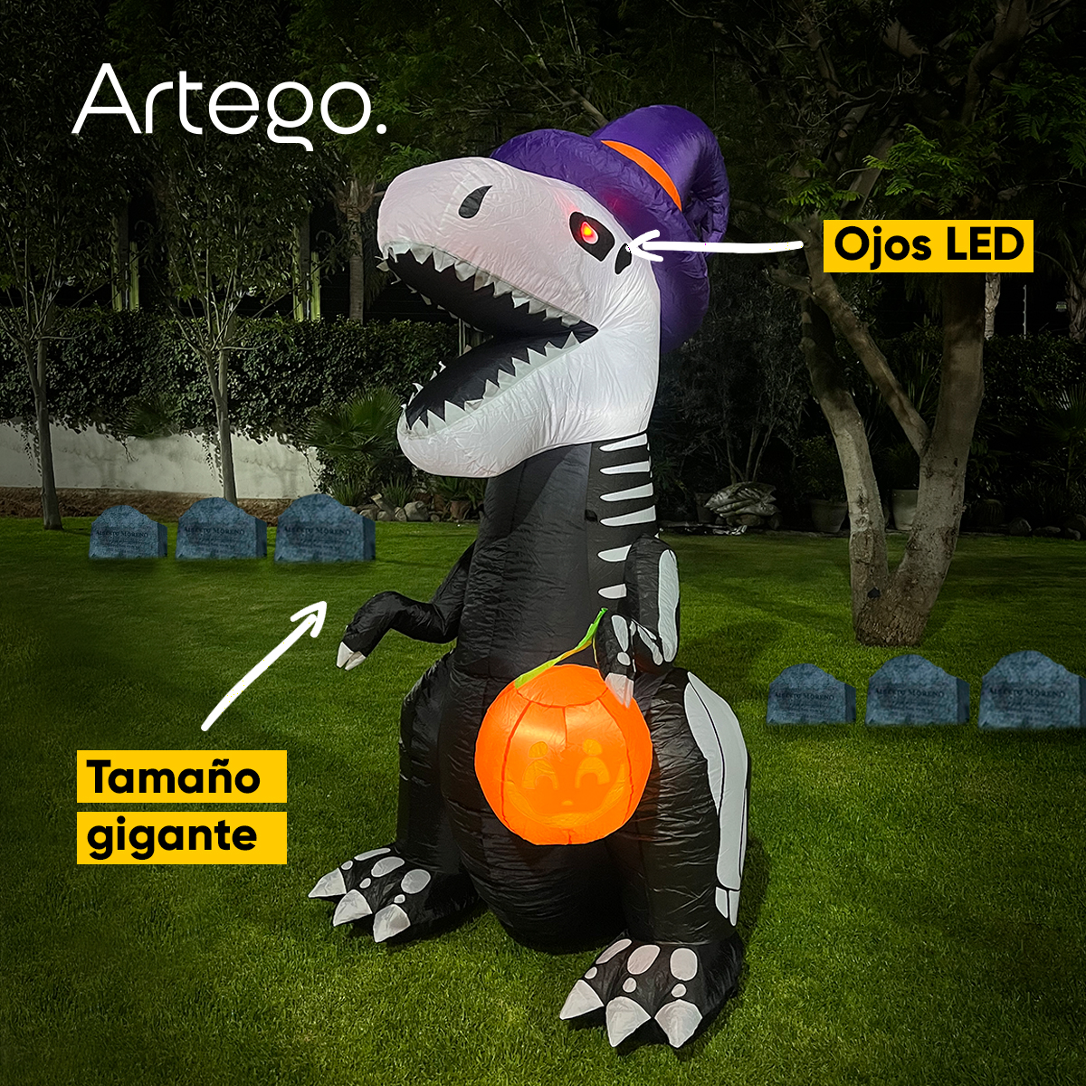 Inflable halloween dinosaurio t rex esqueleto con led en ojos 2.4m