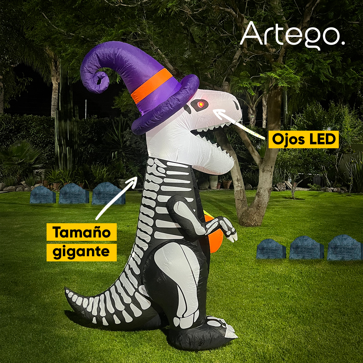 Inflable halloween dinosaurio t rex esqueleto con led en ojos 2.4m